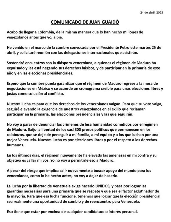 Salir de Venezuela por trochas hacia Colombia para pedir reactivar la mesa de negociación en México -donde nada se ha logrado a favor de la libertad de los venezolanos secuestrados por la tiranía- es una burla <a href="/jguaido/">Juan Guaidó</a>