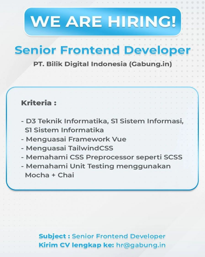 lokerit_01's tweet photo. Dibutuhkan segera Senior frontend Developer
Open to Work Frontend Developer baik Parttime maupun Fulltime dan WFH.
Silahkan kirimkan lamaran kalian pada email yg tertera
No Whatsapp ke +62 812-2646-7528
#lokerit #lokerdeveloper #lokerprogrammer #frontenddeveloper https://t.co/T6Y5imLCza