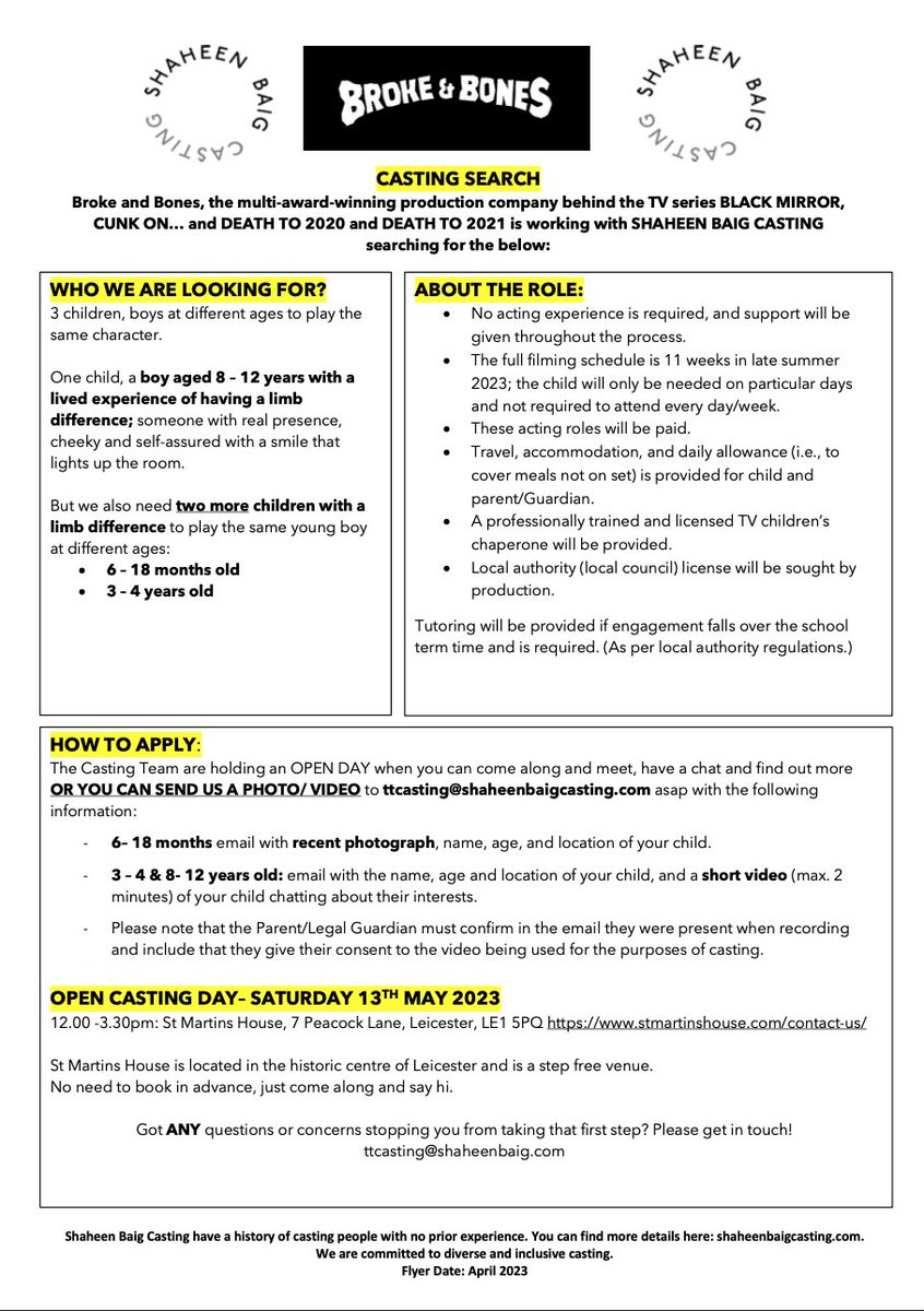 @TeamUnLimbited We are looking for 3 boys with a lived experience of having a limb difference. This is for a drama series for a major streaming platform.The flyer contains a lot of information. Pls read carefully+we’d greatly appreciate you sharing. #limbdifferenceawarenessmonth