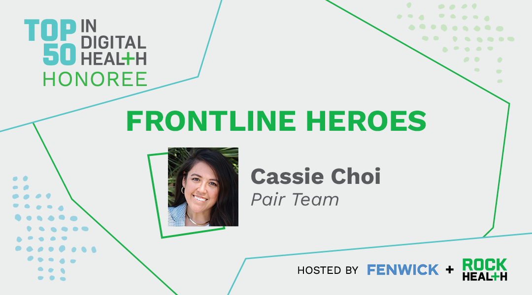 I’m excited to share that our co-founder, Cassie Choi, has been recognized as a Top 50 in Digital Health Frontline Heroes honoree! Thank you to @Rock_Health for the recognition, and congratulations to all of the Top 50 honorees! bit.ly/3nVj5YR #Top50inDigitalHealth