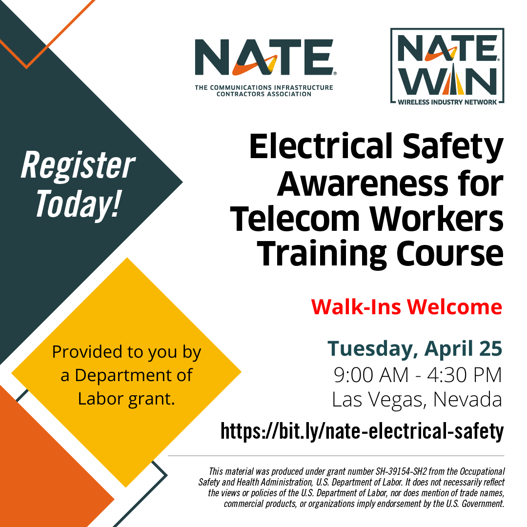 NATEsafety's tweet photo. Walk-ins welcome for the Tuesday, April 25, 2023 Electrical Safety Awareness for Telecom Workers Training Course in Las Vegas, Nevada: https://t.co/pm89qRFFfl These training sessions are possible by a DOL-OSHA grant. @NATEsafety @USDOL #traininggrant #electricalsafety #joinus https://t.co/bPvedaBA4B