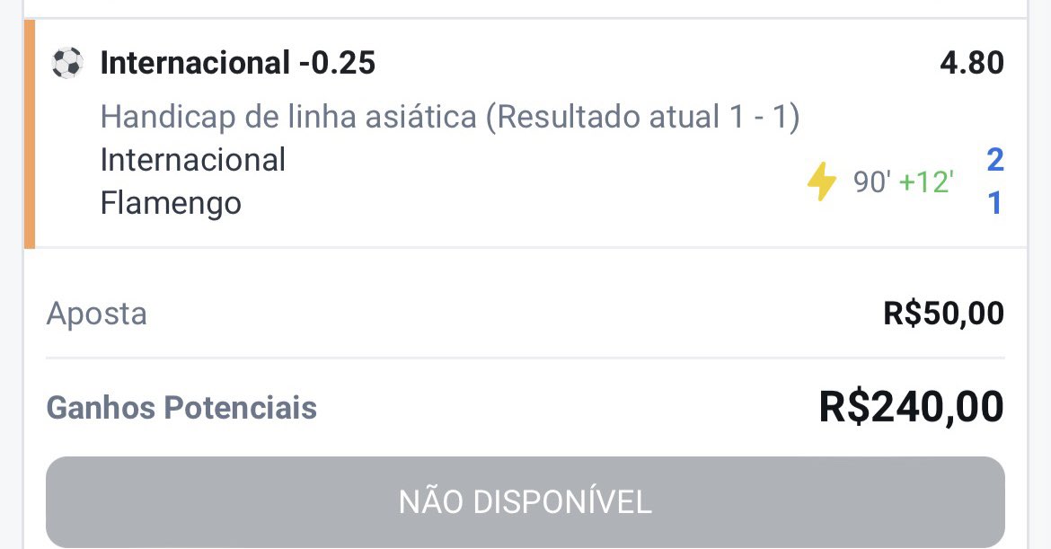 Pegamos esse -0,25 no inter quando o jogo estava 1-1 acreditando numa pressão final do time da casa. O jogo caminhou contra nossa entrada e vimos o Flamengo levar muito perigo. Quando já nos contentavamos com meio RED, Mauricio tirou um golaço da cartola e nos coroou com o green.