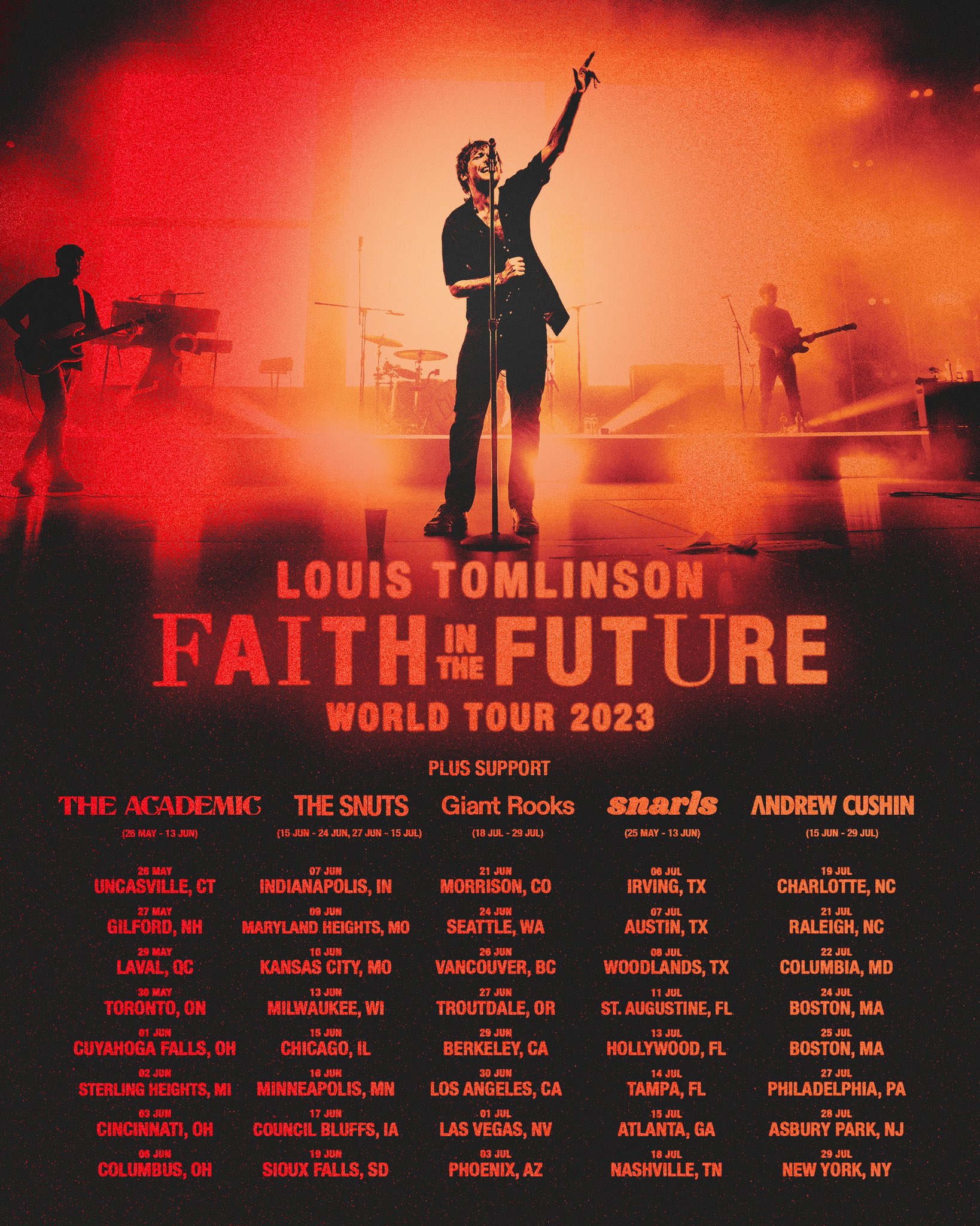 Louis Tomlinson on X: FAITH IN THE FUTURE WORLD TOUR 2023. NORTH AMERICA.  Can't wait to get back on the road very soon! Joining me will be  @theacademic, @thesnuts, @giantrooksmusic, @snarlsband, and @
