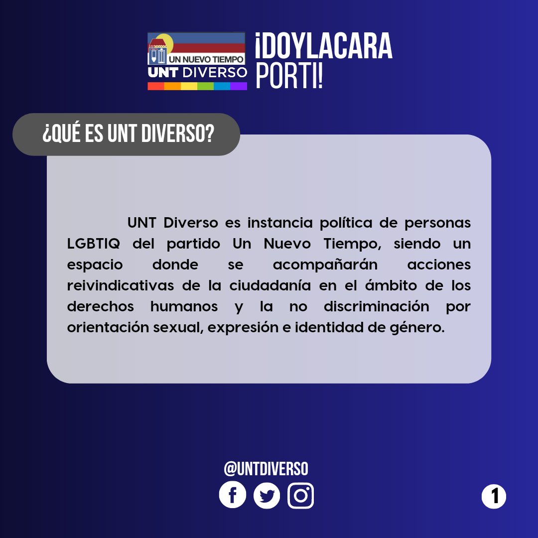 untdiverso's tweet photo. ¿Qué es UNT DIVERSO? 

Somos la instancia política de personas LGBTIQ del @partidoUNT en todo el país.

¡Súmate a nuestro movimiento!

#UNTDiverso #DoyLaCaraPorTi https://t.co/aGDyRQbvxO