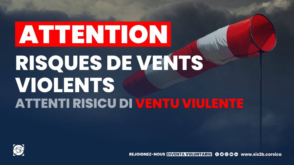 #VentsViolents 🟡💨 <a href="/meteofrance/">Météo-France</a> place la Corse en vigilance en prévision des vents forts pouvant atteindre 1️⃣5️⃣0️⃣ km/h annoncés cette nuit et demain 
Ces données associées à la sécheresse placent placent la Corse à un niveau de risque incendie très élevé. Nous comptons sur vous.
