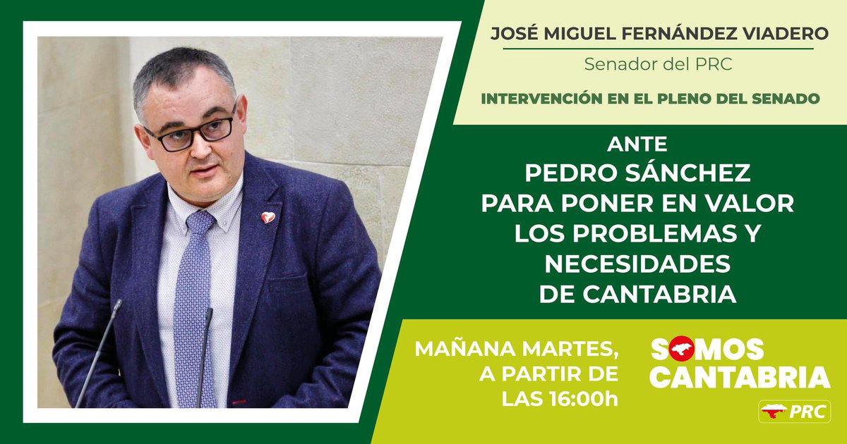 📆Mañana intervendré en el pleno del Senado ante <a href="/sanchezcastejon/">Pedro Sánchez</a> para poner en valor las necesidades de #Cantabria 
▶️Podéis seguirlo en directo a partir de las 16:00h en la web del Senado

#SomosCantabria #PRCantabria