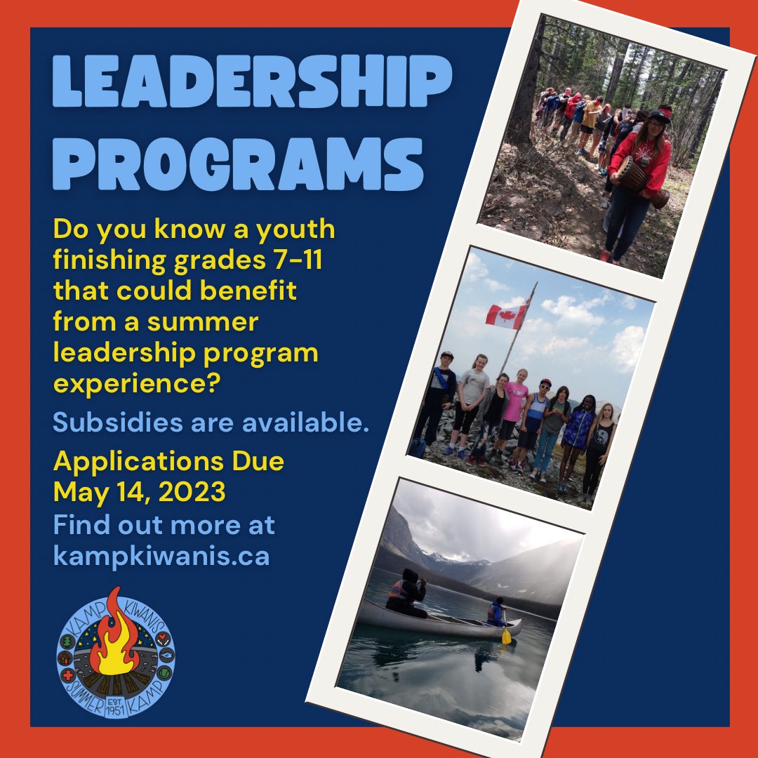 projectkampfire's tweet photo. Apply now for Summer Leadership Programs for students finishing grades 7-11.  Pursuits 1 is our bridging program for Grade 7s. The Kamp Kiwanis Leadership Program Roadmap gives  more details for Grades 8-11. Apply by May 14, 2023 at https://t.co/bKojdmwUWG
#KampKiwanisYYC https://t.co/kKiR6BoEWE