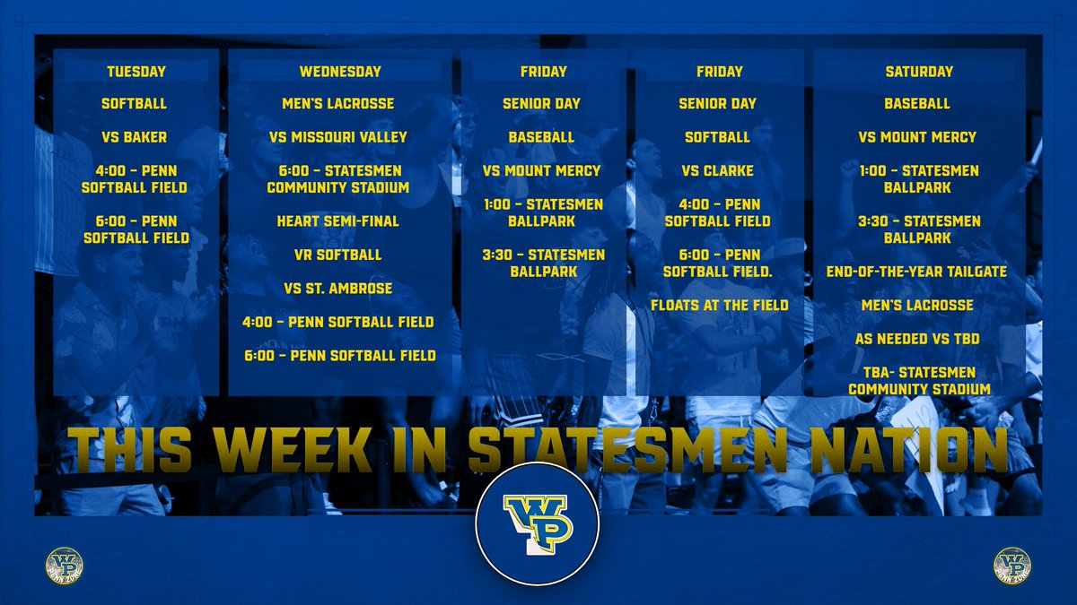 🚨This Week in Statesmen Nation!      
Tuesday - 🥎🥎
Wednesday - 🥎🥎🥍
Friday - ⚾️⚾️🎓🥎🥎🍻
Saturday - ⚾️⚾️🌭🥍🏆
🎟️ - statesmenathletics.com/ticketing