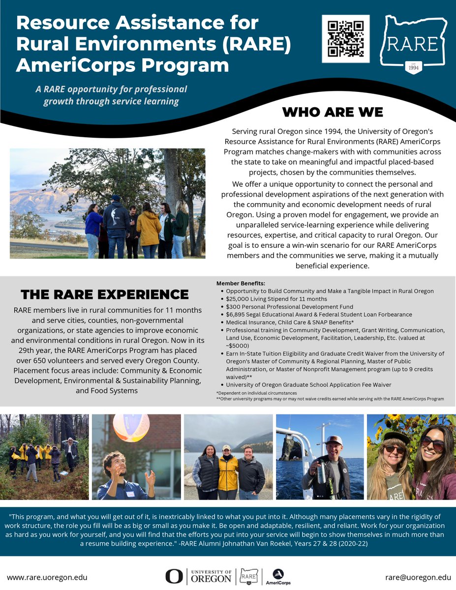 Apply now to join the RARE cohort! The University of Oregon's Resource Assistance for Rural Environments AmeriCorps program offers professional growth through service learning. Learn more and apply here:
rare.uoregon.edu/application-pr…