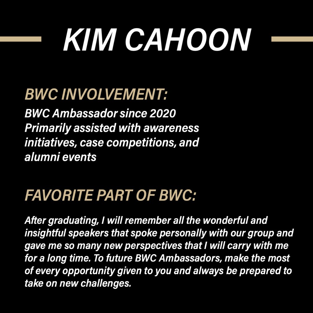 BWC's first graduating senior highlight features Kim Cahoon, who has been an Ambassador since 2020! She will graduate with a degree in Economics and Finance and work in Commercial Banking at Capital One.

@PurdueBusiness #BWC #BrockWilsonCenter #WomenInBusiness #PurdueBusiness