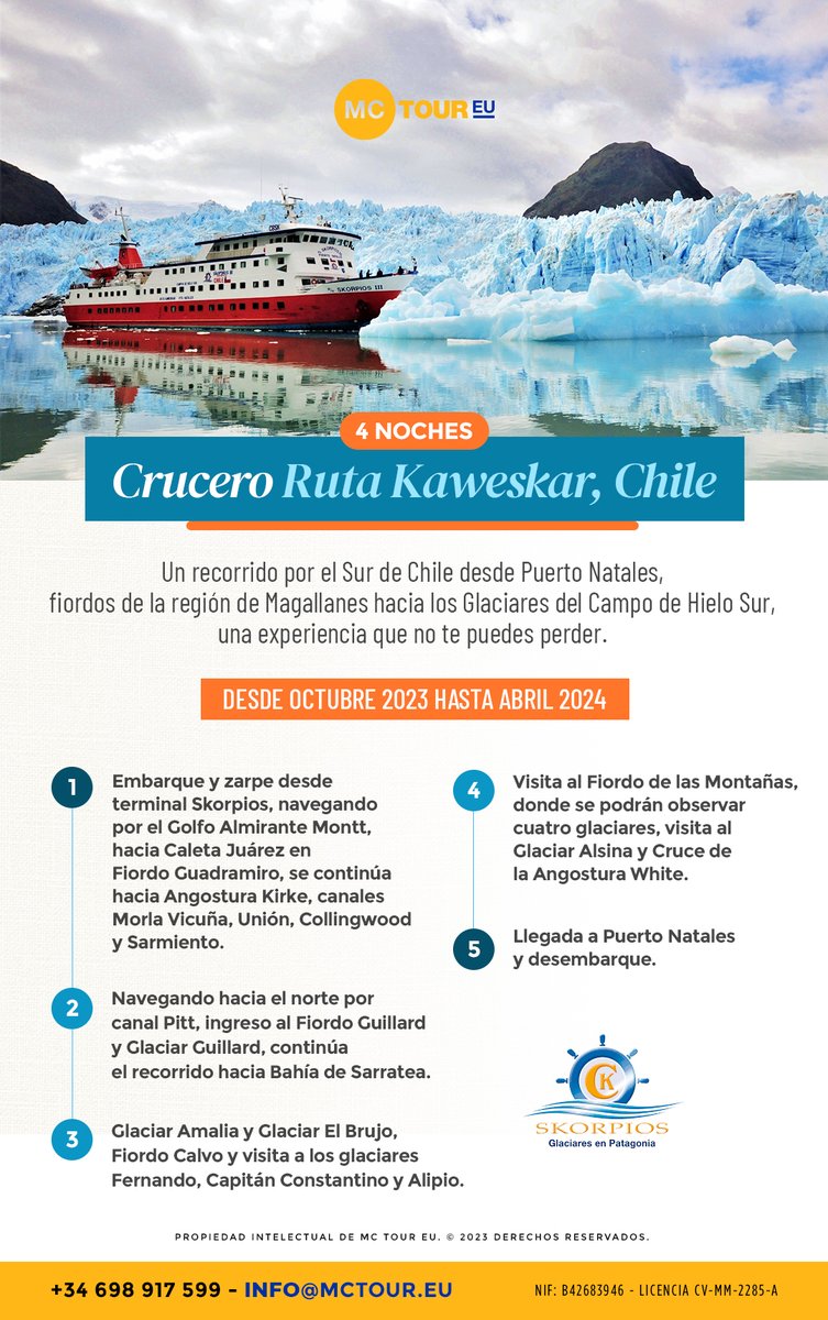 ToursMC's tweet photo. Hay experiencias que te cambian la vida, la Nueva Ruta Kaweskar en la Motonave @CRUISESKORPIOS  ¡es una de ellas! 🛳️
Pensado para descubrir nuevos territorios de la #Patagonia Chilena ¡Un destino hechizante! 
Viaja desde Europa con #MCTours
📧info@mctour.eu
📱+34 698 91 75 99 https://t.co/PPNGBgwUdE
