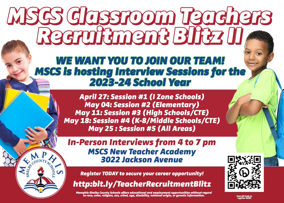 Starting April 27th through May 25th interviews will be held each Thursday at the New Teacher Academy, 3022 Jackson Avenue, from 4 to 7 pm. Come interview in person, join the team and help MSCS prepare the next generation of leaders!