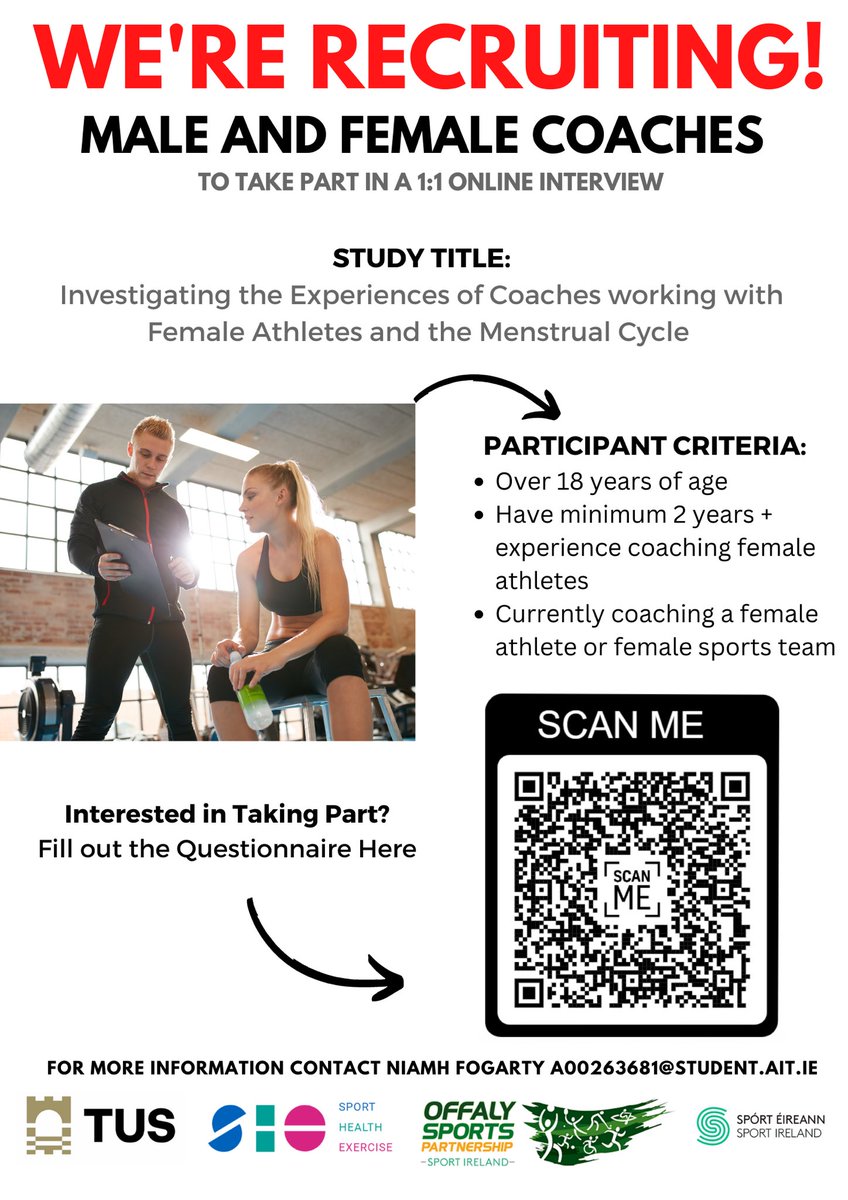 We are looking for coaches (male and female) to take part in an online interview ‼️💻

‘Investigating the Experiences of Coaches working with Female Athletes and the Menstrual Cycle’ 

Follow the link below for more information ℹ️ linktr.ee/nfogarty