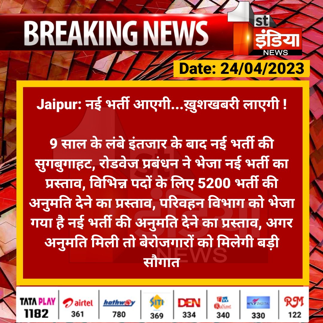 First India News (@1stindianews) on Twitter photo #Jaipur: рдирдИ рднрд░реНрддреА рдЖрдПрдЧреА...рдЦрд╝реБрд╢рдЦрдмрд░реА рд▓рд╛рдПрдЧреА !
9 рд╕рд╛рд▓ рдХреЗ рд▓рдВрдмреЗ рдЗрдВрддрдЬрд╛рд░ рдХреЗ рдмрд╛рдж рдирдИ рднрд░реНрддреА рдХреА рд╕реБрдЧрдмреБрдЧрд╛рд╣рдЯ, рд░реЛрдбрд╡реЗрдЬ рдкреНрд░рдмрдВрдзрди рдиреЗ рднреЗрдЬрд╛ рдирдИ рднрд░реНрддреА рдХрд╛ рдкреНрд░рд╕реНрддрд╛рд╡, рд╡рд┐рднрд┐рдиреНрди рдкрджреЛрдВ рдХреЗ рд▓рд┐рдП 5200 рднрд░реНрддреА рдХреА рдЕрдиреБрдорддрд┐ рджреЗрдиреЗ рдХрд╛ рдкреНрд░рд╕реНрддрд╛рд╡...
<a href="/Brijendra_ola/">Brijendra Singh Ola</a> <a href="/RajGovOfficial/">Government of Rajasthan</a> <a href="/parmarshivendra/">Shivendra Singh Parmar</a> #Jaipur: рдирдИ рднрд░реНрддреА рдЖрдПрдЧреА...рдЦрд╝реБрд╢рдЦрдмрд░реА рд▓рд╛рдПрдЧреА !
9 рд╕рд╛рд▓ рдХреЗ рд▓рдВрдмреЗ рдЗрдВрддрдЬрд╛рд░ рдХреЗ рдмрд╛рдж рдирдИ рднрд░реНрддреА рдХреА рд╕реБрдЧрдмреБрдЧрд╛рд╣рдЯ, рд░реЛрдбрд╡реЗрдЬ рдкреНрд░рдмрдВрдзрди рдиреЗ рднреЗрдЬрд╛ рдирдИ рднрд░реНрддреА рдХрд╛ рдкреНрд░рд╕реНрддрд╛рд╡, рд╡рд┐рднрд┐рдиреНрди рдкрджреЛрдВ рдХреЗ рд▓рд┐рдП 5200 рднрд░реНрддреА рдХреА рдЕрдиреБрдорддрд┐ рджреЗрдиреЗ рдХрд╛ рдкреНрд░рд╕реНрддрд╛рд╡...
<a href="/Brijendra_ola/">Brijendra Singh Ola</a> <a href="/RajGovOfficial/">Government of Rajasthan</a> <a href="/parmarshivendra/">Shivendra Singh Parmar</a>