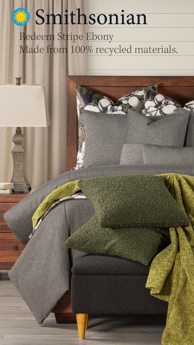 Our Smithsonian Redeem fabrics are 100% recycled, BPA free, have no added chemistry, need no water and need less energy to produce, and are made in the USA! Available in eight gorgeous colors.
#ecofriendly #sustainablebedding #recycledfabric  #madeintheUSA #hpmkt2023 #HPMkt