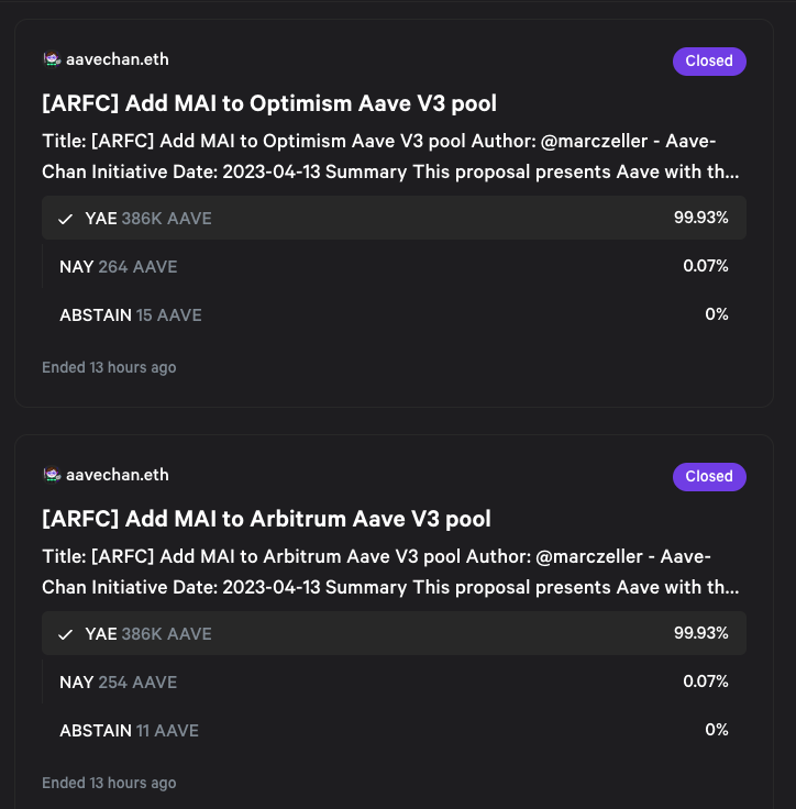 $MAI continues to expand on L2s! 🐒

new <a href="/AaveAave/">Aave Protocol</a> listings: @optimismFND 🔴 and <a href="/arbitrum/">Arbitrum</a> 🔵

special thanks to our Qimps and those who supported/raised the vote:
<a href="/AaveChan/">Aave-Chan Initiative {ACI}</a> <a href="/marczeller/"></a>  <a href="/franklin_dao/">FranklinDAO</a> <a href="/flipsidecrypto/">Flipside 📈🤖</a> <a href="/UMichBlockchain/">UMich Blockchain</a> <a href="/lbsblockchain/">LBS Blockchain Society</a> <a href="/llama/">Llama</a> <a href="/StableLab/">StableLab</a> &amp; others!