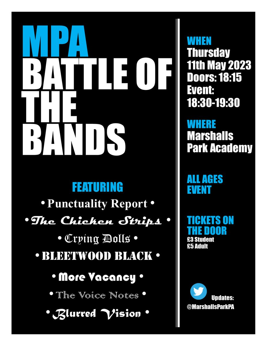 Less than three weeks to go now. Come support our fantastic student bands on 11 May. 
Tickets available on  ParentPay or on the door.