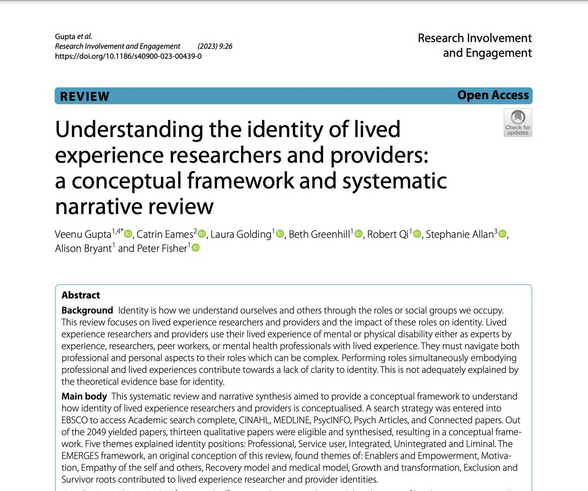 My first, first author paper, has been published from my PhD. A systematic narrative review: Understanding the identity of lived experience researchers and providers, open access in BMC journal Research Involvement and Engagement. See QT for summary doi.org/10.1186/s40900…