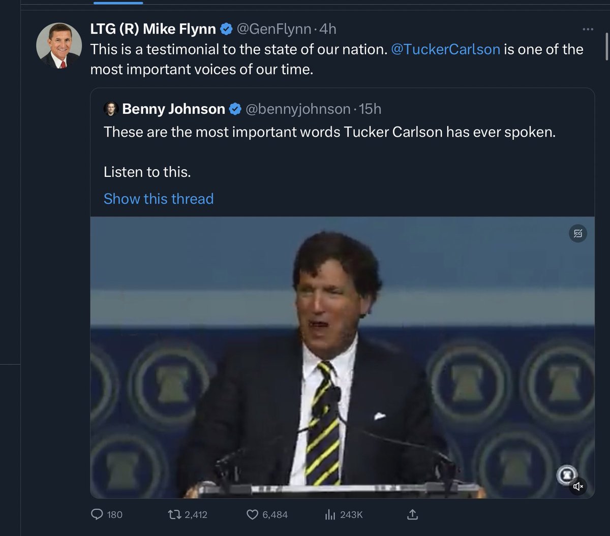 jimstewartson's tweet photo. Four hours ago Putin’s @GenFlynn said #FishstickNazi @TuckerCarlson “is one of the most important voices of our time.” 🤔 https://t.co/f22QfIcgxL