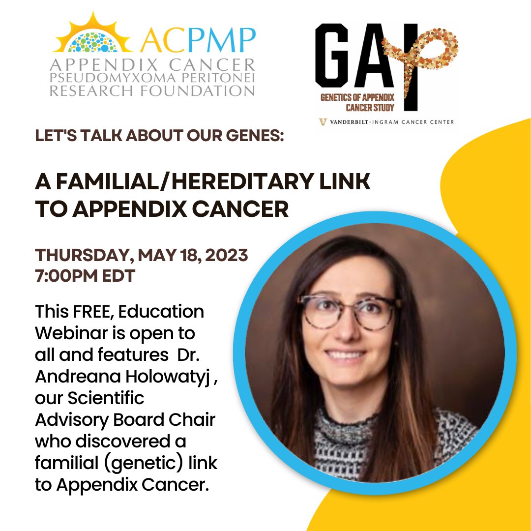 Let's talk about our genes! This FREE webinar is open to all & features @drholowatyj, our Scientific Advisory Board Chair, who discovered a familial link to #appendixcancer & will discuss findings in @JAMAOnc
+ #GAPStudy. tinyurl.com/zfeig #HereditaryGICancer #RareDisease