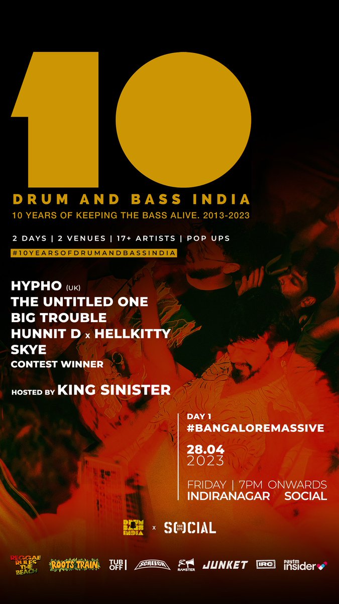 EXCITED FOR THIS! 10 YEAR <a href="/DnBindia/">Drum and Bass India</a> TING. 

PACKED 2 DAYS! 

Playing alongside <a href="/HyphoLouis/">Hypho.mnk</a>, <a href="/TUODnB/">The Untitled One</a>, <a href="/hellkittymusic/">hellkitty</a>, <a href="/kingsinister_/">King Sinister</a> and more on DAY 1. 

Tickets: insider.in/go/social-x-dr…

#drumandbass #screechwubs #dubstep #breaks #garage #bangalore