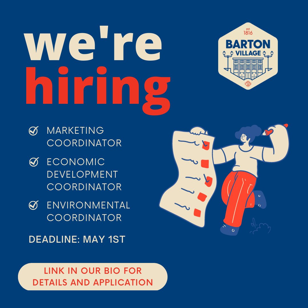 #BartonVillage is hiring summer students between the ages of 15-30! Applications due next Monday, May 1st. For more info and to apply, visit docs.google.com/forms/d/e/1FAI…
#HamOnt