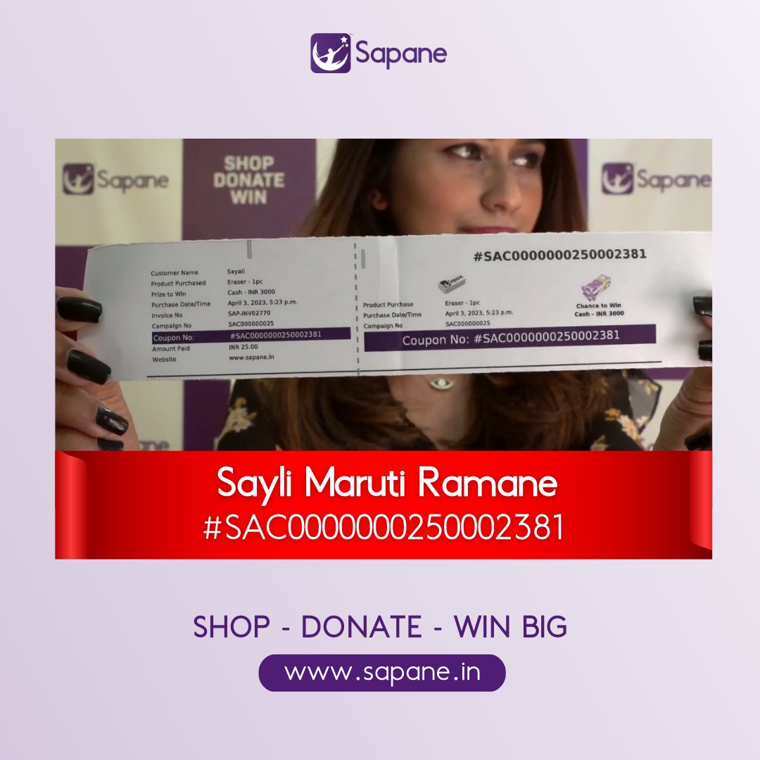 SapaneIn's tweet photo. And the Winner of Rs.3,000 Cash Prize is Sayli Ramane! 🥳
Many Congratulations!! 🤩
You are https://t.co/rd7WLB2xr9 36th Lucky Winner 💜
To those who participated and didn't Win, don't lose hope you shall surely Win Big 💸💸
.
#winner #sapane #donate #dreambig #livedraw #india https://t.co/xsqUx0IZJp
