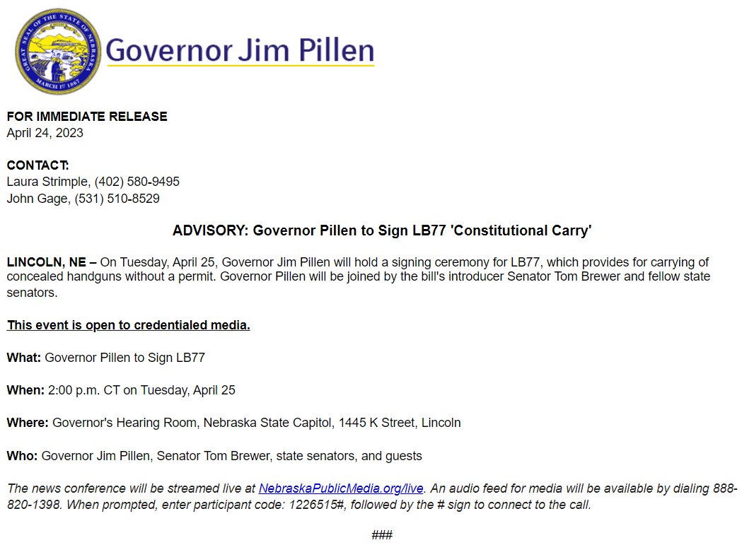 TeamPillen's tweet image. ADVISORY: Governor Pillen to Sign LB77 'Constitutional Carry'