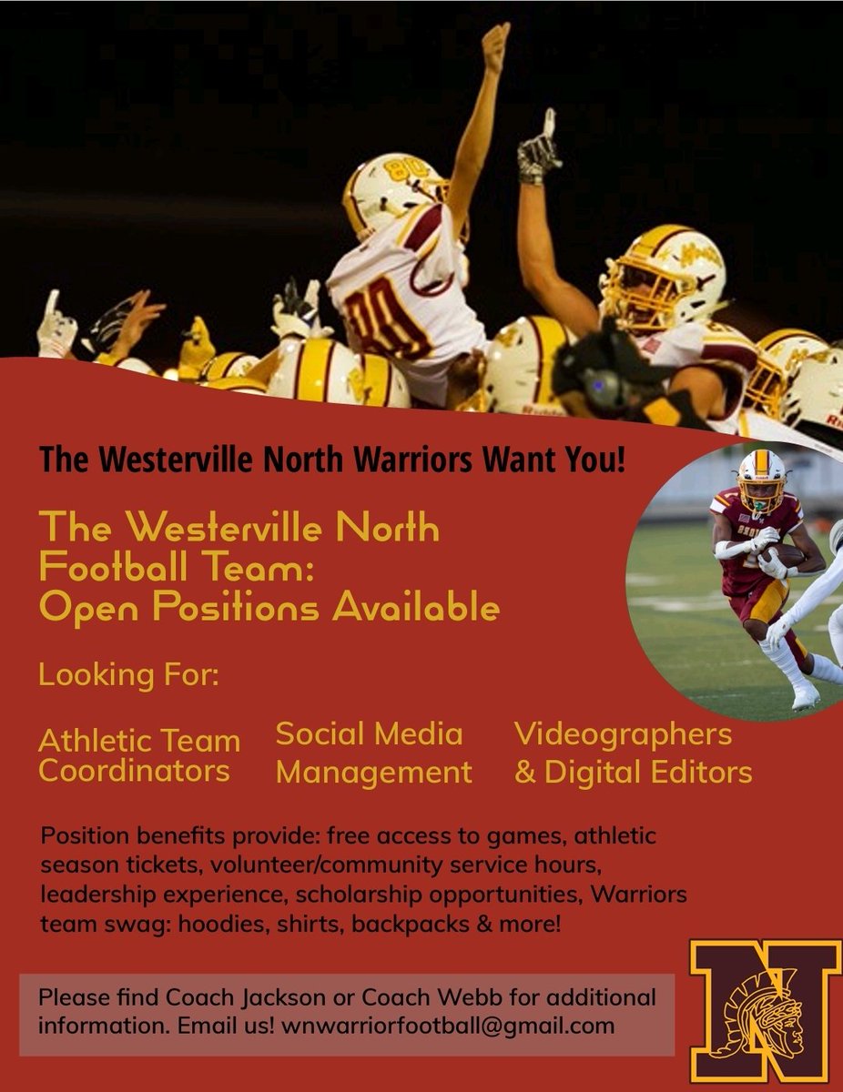 WNWarriorsFB's tweet photo. We're looking for some help. Alot of fun opportunities coming up!!! Reach out to Coach Jackson and Coach Webb for more information https://t.co/ssqjnyqTUG