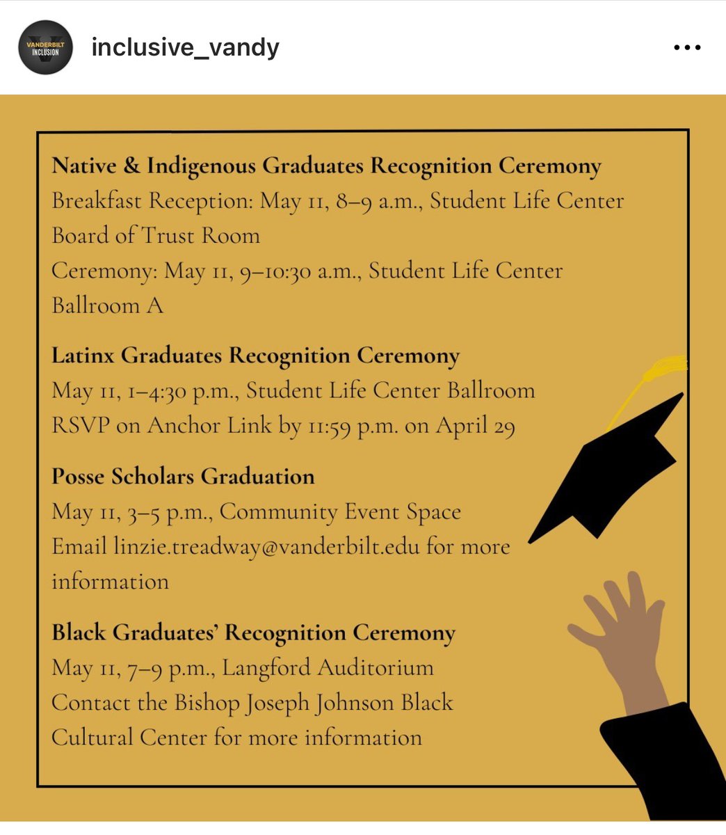 Vandy’s graduating seniors are encouraged to participate in this year’s Graduate Recognition Ceremonies for specific identity groups as part of the university’s 2023 Commencement celebrations. (Contact the appropriate offices for more info/registration - EDI, SCSJI, KCPC, BCC)