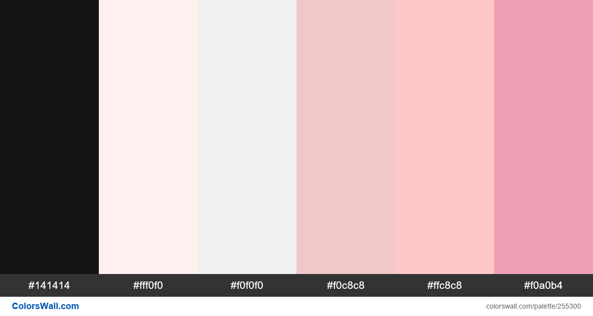 colorswall's tweet image. Packaging design feminine icon skincare colours #141414, #fff0f0, #f0f0f0, #f0c8c8, #ffc8c8, #f0a0b4 #colors #palette colorswall.com/palette/255300