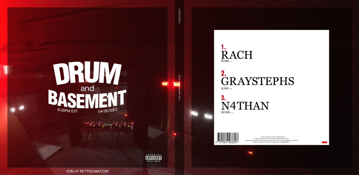 RETTOCAM's tweet photo. 🚨Drum and Basement

💿A DnB Event

🤝Quest Compatible

🗓 Wed, April 26, 2023

🚪7:30PM EST

🌎Retto's Basement

Featuring: 
🎧@rachhuwu
🎧@N4THAN_DnB
🎧@GraystephsVR

🔨 <t:1682553600:F>

Join on DJs or visit: https://t.co/jlX5Z3q0iZ https://t.co/mydMq2j8It