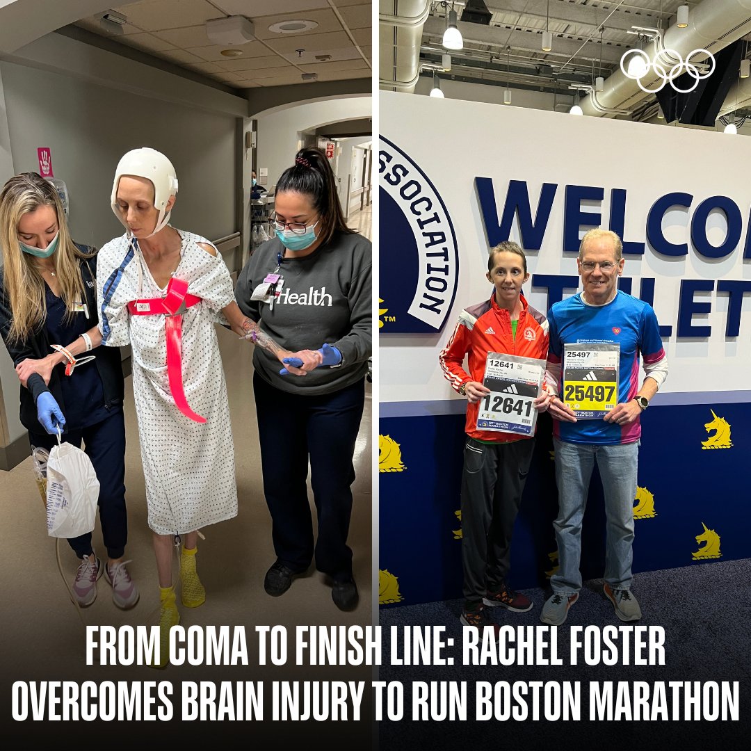 Olympics's tweet photo. Running to recovery 🏃‍♀️🤍

Rachel Foster is perseverance personified.

Last November, she went into a coma after suffering a traumatic brain injury. Five months later, she was running the Boston Marathon.

📸 John Foster

Read more 👇 https://t.co/ZnjpYLNyyo