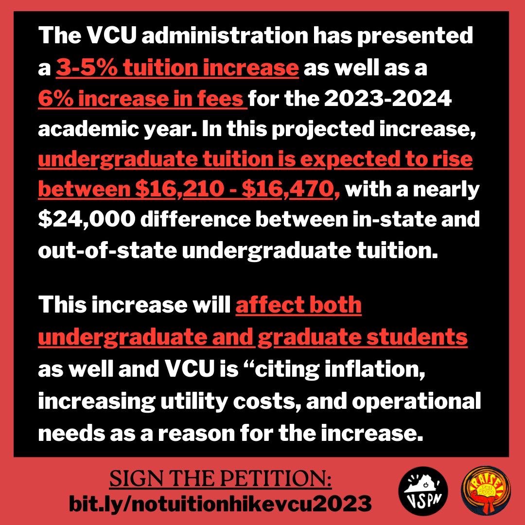 catchthefirevcu's tweet photo. 🚨 CALL TO ACTION 🚨

TELL THE VCU BOV NO TUITION HIKE!

• Sign the petition: https://t.co/V2B5NTchYy

• Submit an open comment (link in bio)

• Share with 10 people

• Show up to the BOV meeting May 12th at 9AM https://t.co/TVGR2AGf3n