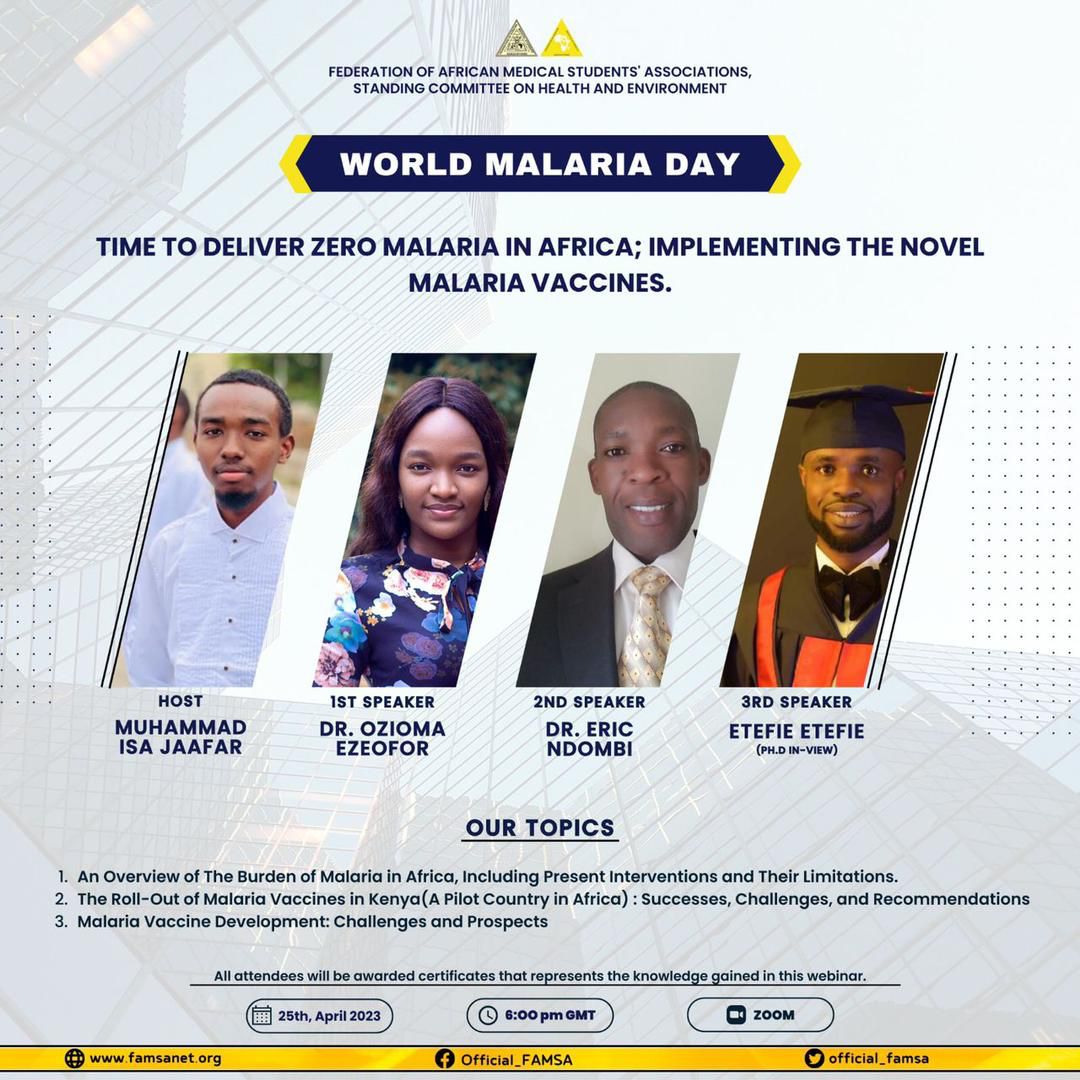 TheEagleGirl's tweet photo. I'll be joining The Federation of African Medical Students' Association @official_famsa tomorrow to discuss the burden of Malaria in Africa, the current interventions and its limitations.

Join us on Zoom at 6pm GMT via this link https://t.co/ejl8gSrZJc

We unite to end Malaria https://t.co/zjeyQLQp1B