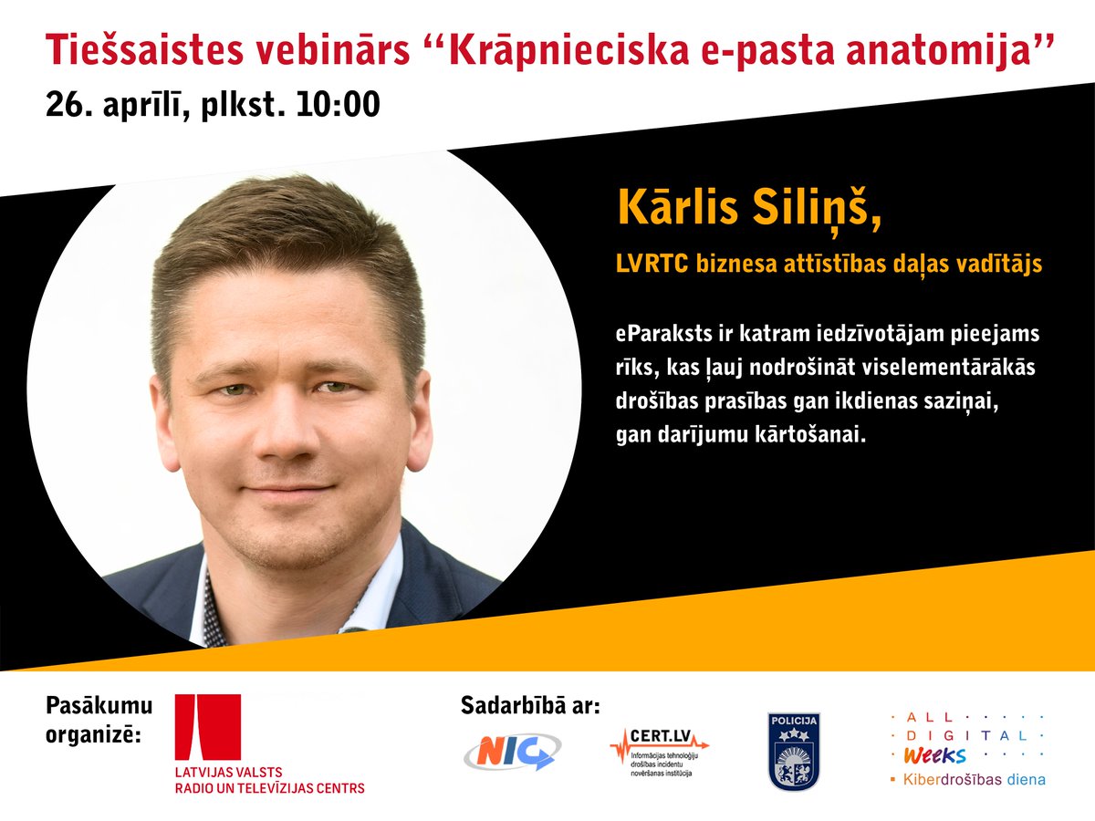 LVRTC_TVtornis's tweet photo. Digitālā nedēļa Latvijā ir sākusies! Satiec mūs klātienes un tiešsaistes pasākumos:
Trešdien, 26.aprīlī plkst. 10.00 izzini krāpnieciskā e-pasta anatomiju! https://t.co/uSb1h4Du46 #alldigitalweek @LIKTA_LV https://t.co/fBVBBm7gfO