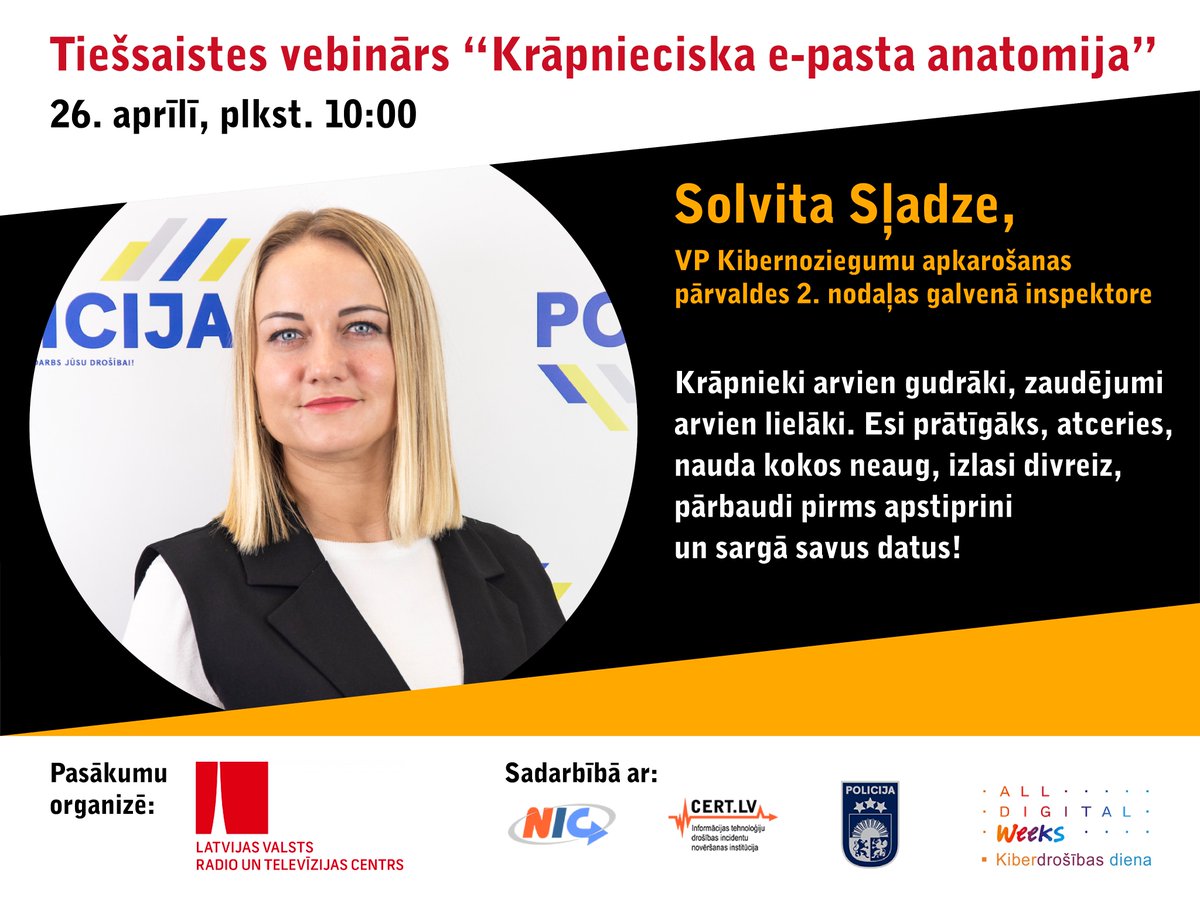 LVRTC_TVtornis's tweet photo. Digitālā nedēļa Latvijā ir sākusies! Satiec mūs klātienes un tiešsaistes pasākumos:
Trešdien, 26.aprīlī plkst. 10.00 izzini krāpnieciskā e-pasta anatomiju! https://t.co/uSb1h4Du46 #alldigitalweek @LIKTA_LV https://t.co/fBVBBm7gfO