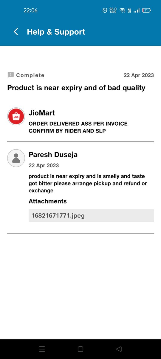 pareshduseja's tweet photo. Do you read the complaint or just copy paste the standard dialogue in Every problem @JioMart_Support 
see the Ticket No:682167182703 and attached image below @JioMart https://t.co/sew5dFHlCB
