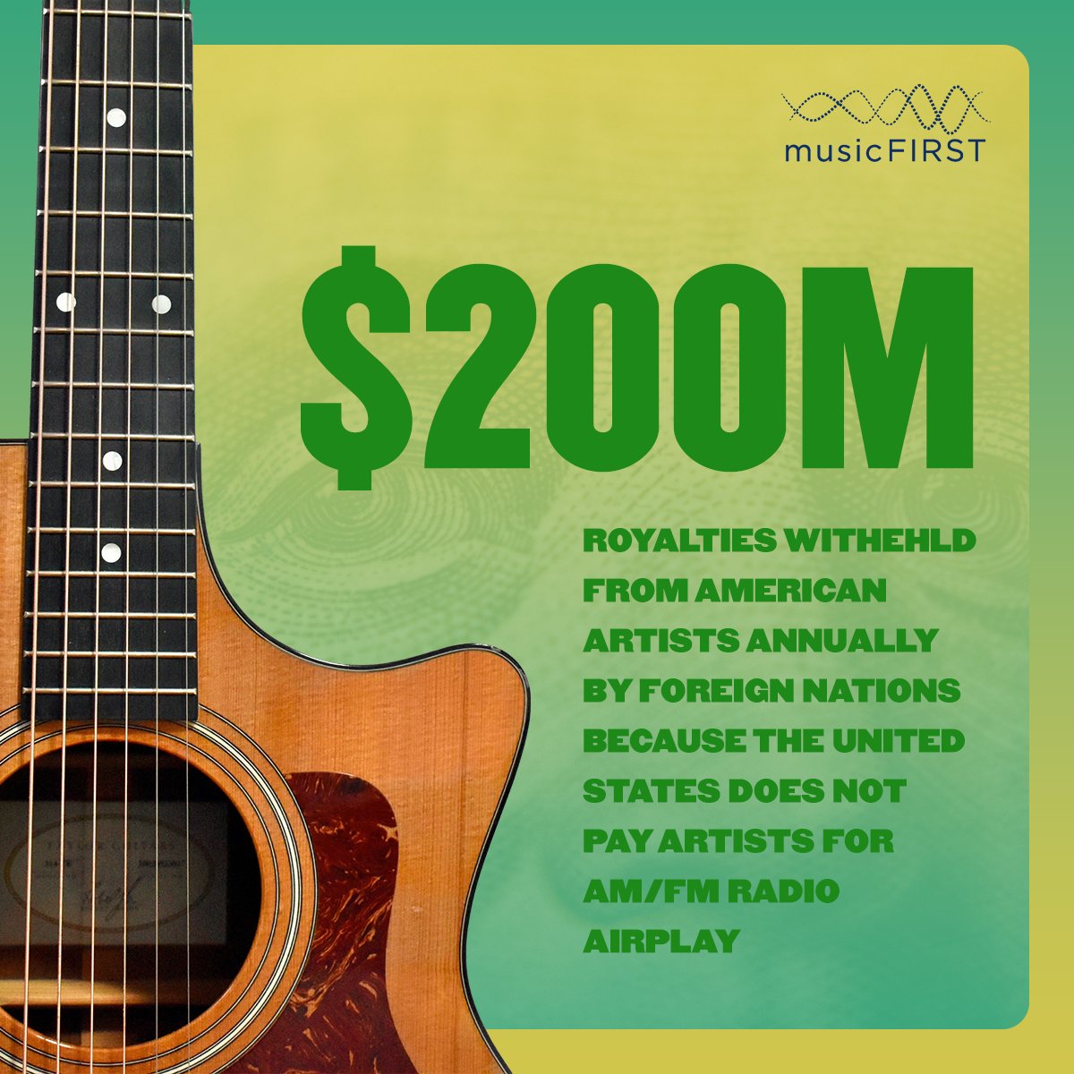 musicFIRST's tweet photo. #GreedyBroadcasters' refusal to pay hardworking artists for the use of their songs on AM/FM radio hurts American musicians at home AND abroad. The American #MusicFairness Act will fix this injustice, providing artists with the basic #FairPay they deserve. https://t.co/gi2PZmls4S