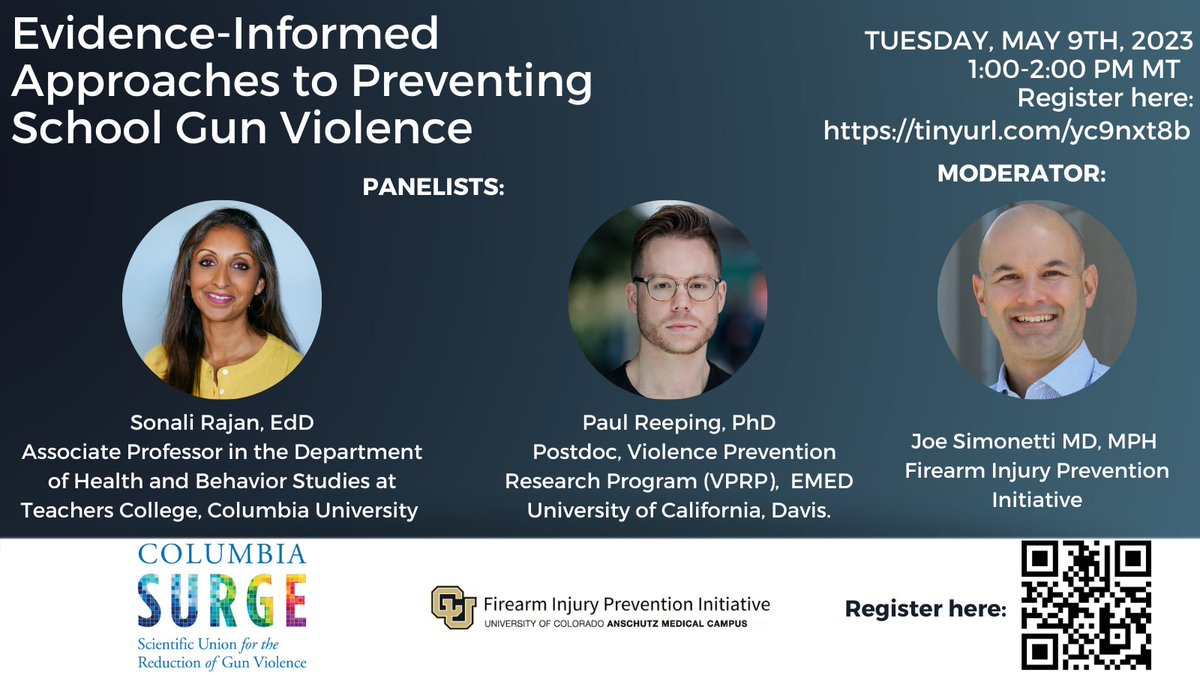 Save the date for our next webinar! May 8, 1pm MT / 3pm ET 'Evidence-Informed Approaches to Preventing #School Gun Violence' @jasimonetti @sonalirajan @PaulReeping @CUEmergency @CUAnschutz @InjuryCenterCO @CUEpidemiology Register: ucdenver.zoom.us/webinar/regist…