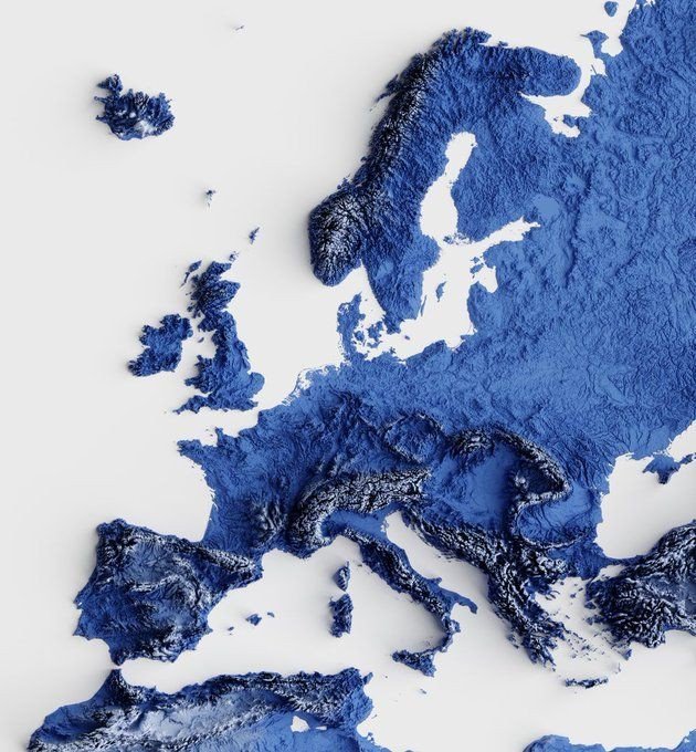 theepicmap's tweet photo. Topography map of Europe https://t.co/9vUvzm0Wti