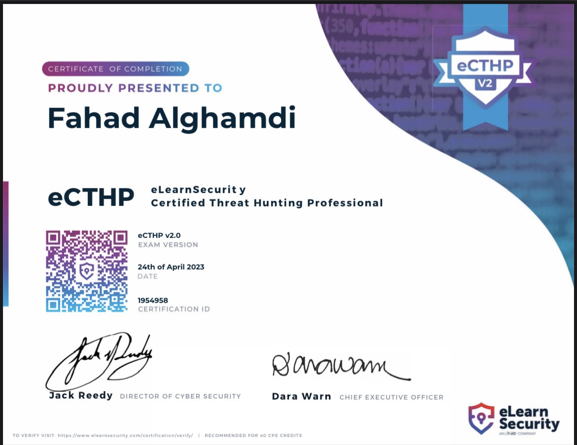 0xF4had's tweet image. الحمدلله دائماً وابداً، اجتزت اختبار #eCTHPv2 من شركة @eLearnSecurity