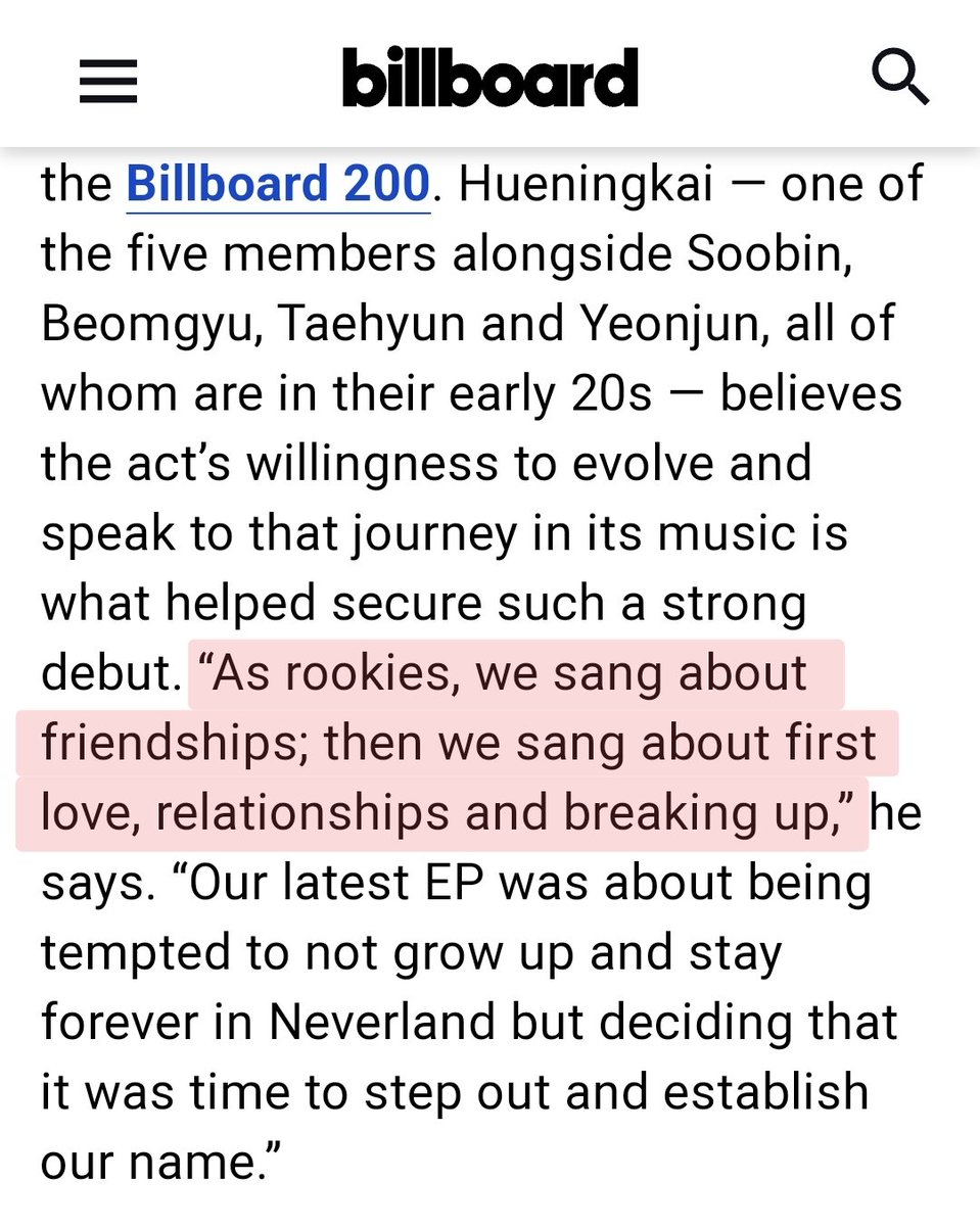 choixthk's tweet image. 📰| TXT para la edición de K-pop de Billboard

🐧 "Como rookies, cantábamos sobre amistades; Luego cantamos sobre el primer amor, las relaciones y las rupturas. Nuestro último EP fue sobre la tentación de no crecer y quedarse para siempre en Neverland, (+)

#휴닝카이 #HUENINGKAI