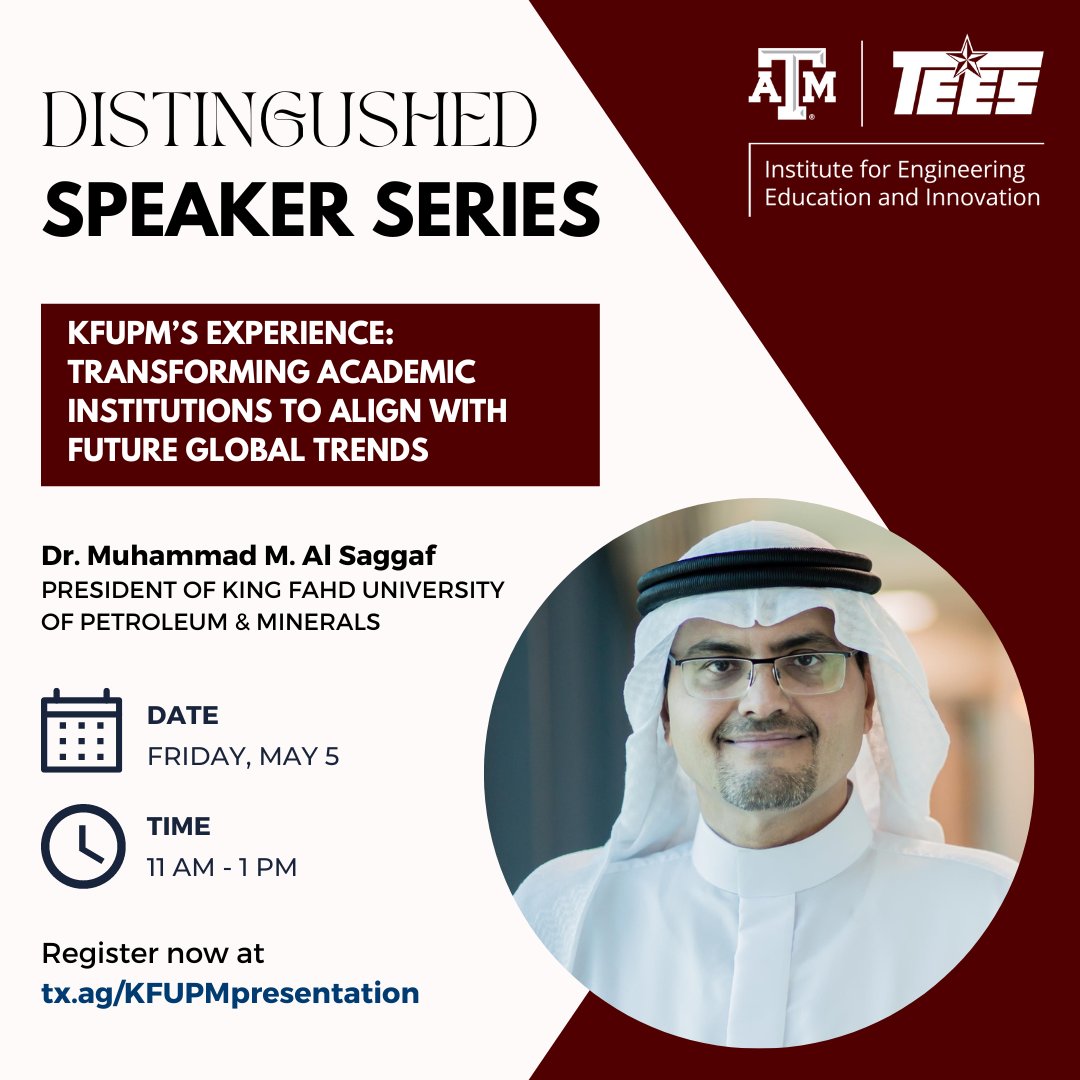 Interested in the future of academic institutions? Tune in to hear KFUPM’s experience in transforming to meet the demands of the future, both locally and globally.
#TAMU #SpeakerSeries #Engineering