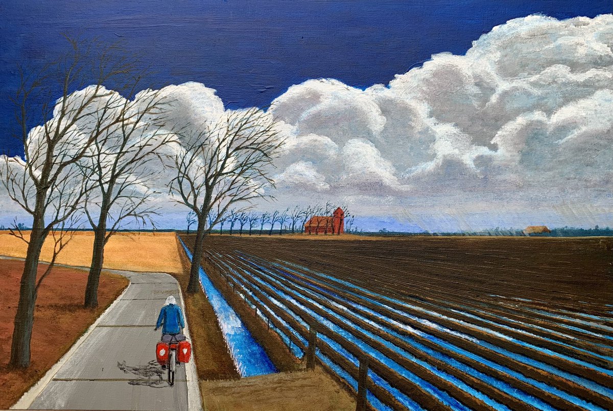 My painting of today. Nergenshuizen maart 2023. Geïnspireerd door het natte, koude en winderige voorjaar dit natte landschap met een Gronings accent in acryl.