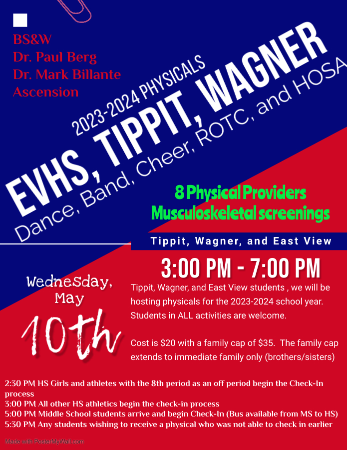 Physicals, May 10th @ EVHS for EVHS, TMS, &amp;WMS.  Sign up today.  <a href="/EastViewHS/">East View HS</a> <a href="/TippitTitans/">Tippit Middle School</a> <a href="/WagnerMS_GISD/">George Wagner MS</a> <a href="/tippitathletics/">Boy's Titan Athletics</a> <a href="/LadyTitanStrong/">Lady Titan Athletics</a>  <a href="/ladywolfsports/">WagnerGirlsAthletics</a> <a href="/ladywolfsports/">WagnerGirlsAthletics</a> <a href="/EVHStennis/">Patriot Tennis</a> <a href="/EvPatriots/">EV Patriot Nation</a> <a href="/EVPatTrack/">East View T&F</a> <a href="/ev_soccer/">EV Patriots Girls Soccer</a> <a href="/EV_Hoops/">East View Boys Basketball</a> <a href="/PatriotPride13/">East View Football</a> <a href="/EVPatsBaseball/">EV Patriots Baseball -EVHS Baseball Booster Club</a> <a href="/PatsVolleyball/">Patriot Volleyball</a>