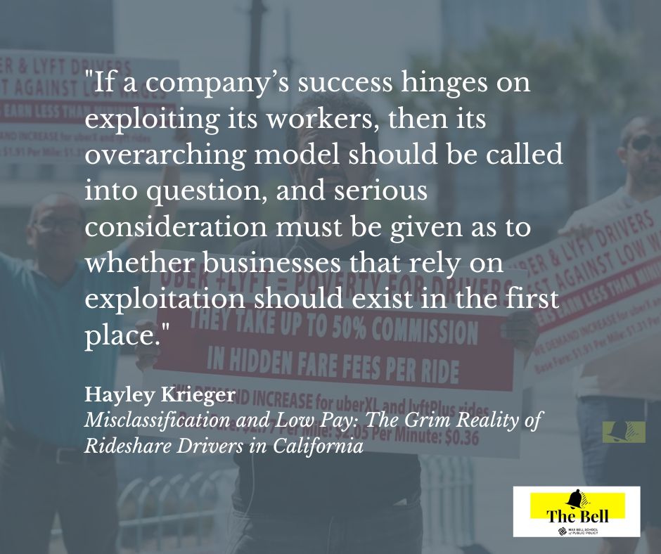 BellNewsletter's tweet photo. Uber and Lyft's well-funded and successful efforts at dodging California regulations on fair employee treatment have reignited the regulation vs. innovation debate. 

Read @HayleyRKrieger's latest op-ed on the misclassification of rideshare drivers 👉  https://t.co/v5fGGSw93c https://t.co/pwLzPMOHMY