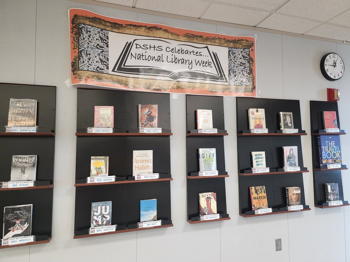 sciotolibrary's tweet photo. It's National Library week, and Scioto is celebrating by displaying recommended books from our staff that are in our library! Students have ten opportunities to win a prize made in our makersspace this week by answering library/reading related trivia questions correctly! https://t.co/ucorfcxTJA