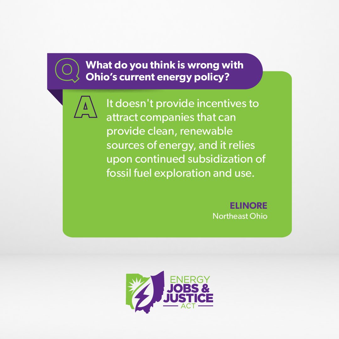 Elinore in Northeast Ohio thinks the problem with Ohio's current energy policy is that it favors fossil fuels instead of clean and affordable renewable energy. Do you agree? Take this short survey to help draft #EJJA 2.0! bit.ly/ejjasurvey #JobsAndJustice