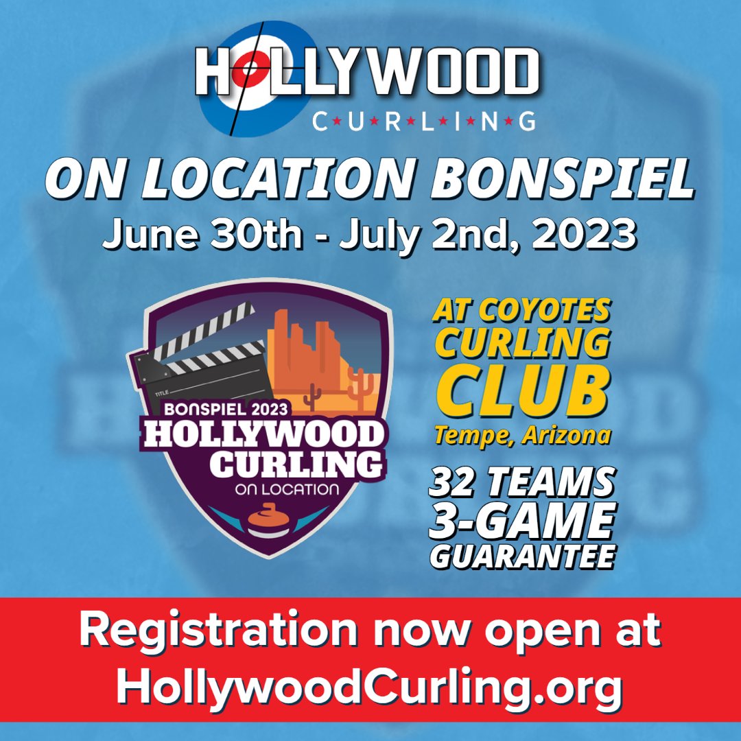 Registration for Hollywood Curling's first ever On Location Bonspiel is now open! Join us at Coyotes Curling Club in Tempe, AZ from June 30th - July 2nd to compete with 32 teams and enjoy a 3-game guarantee. 
Register now at: hollywoodcurling.org/bonspiels/bons…